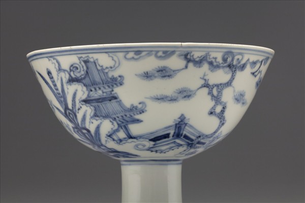 青花山水三友圖高足碗