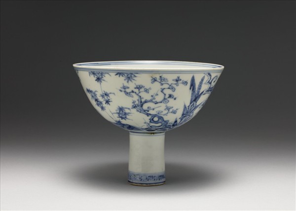 青花山水三友圖高足碗