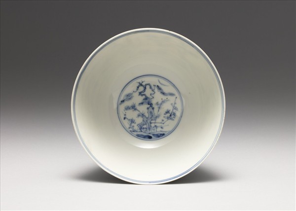 青花山水三友圖高足碗