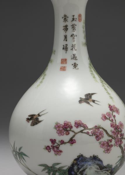 琺瑯彩桃柳爭春蒜頭瓶