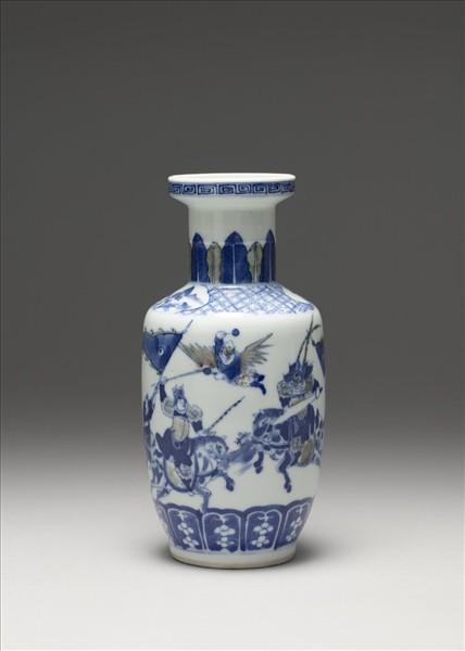 青花釉裡紅刀馬人盤口瓶