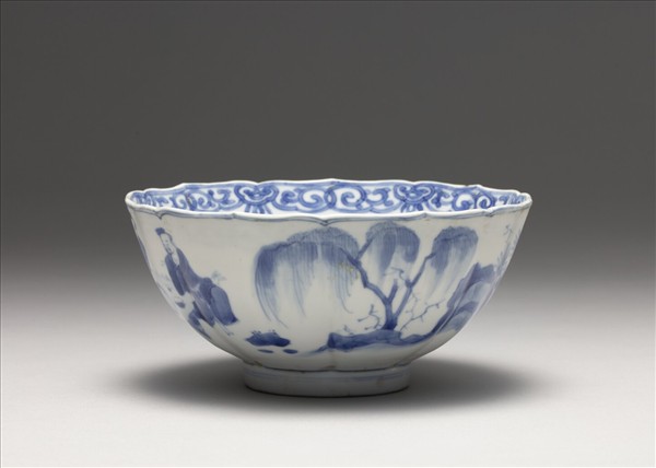 青花人物花口碗
