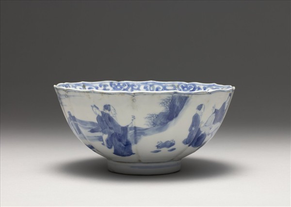 青花人物花口碗