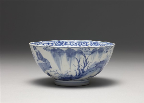 青花人物花口碗