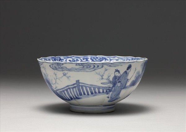 青花人物花口碗