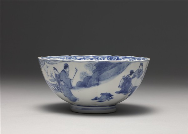 青花人物花口碗