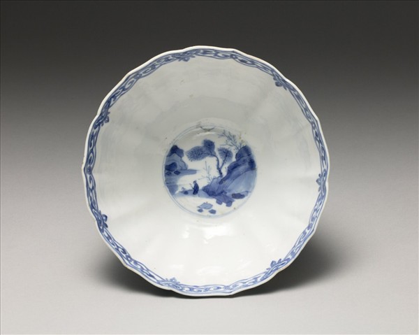 青花人物花口碗