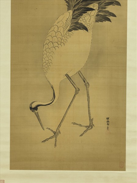 日本探幽守信老鶴啄苔圖　軸