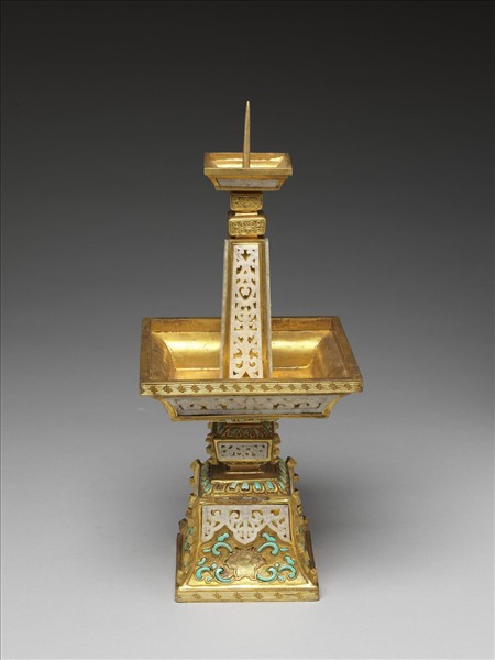 銅鍍金嵌白玉、綠松石及料片五供-燭台（一對）