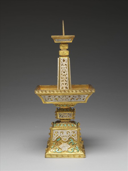 銅鍍金嵌白玉、綠松石及料片五供-燭台（一對）