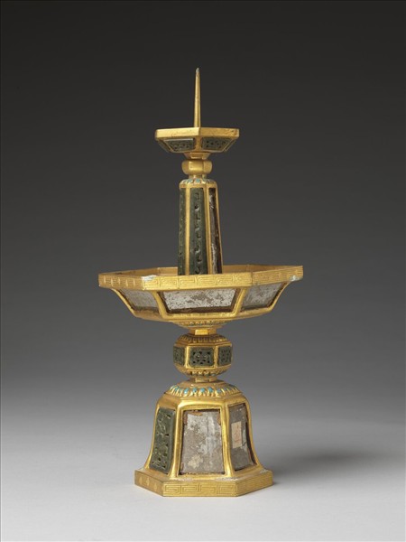 銅鍍金嵌玉及填料燭台(五供)