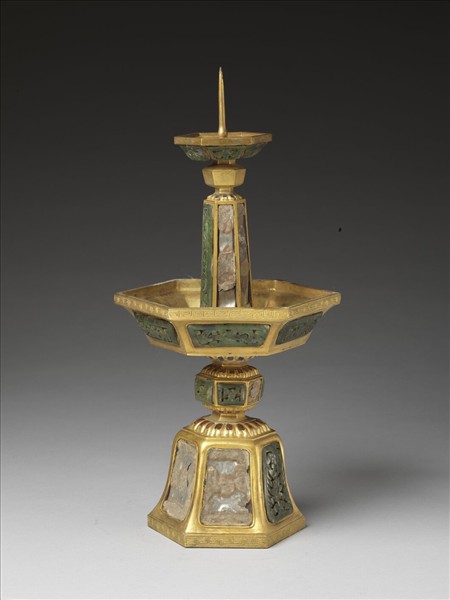銅鍍金嵌玉及填料燭台（五供）