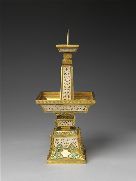 銅鍍金嵌白玉、綠松石及料片五供-燭台（一對）