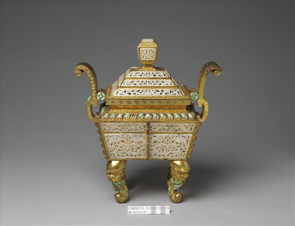 銅鍍金嵌白玉、綠松石及料片五供-香爐