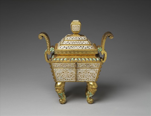 銅鍍金嵌白玉、綠松石及料片五供-香爐