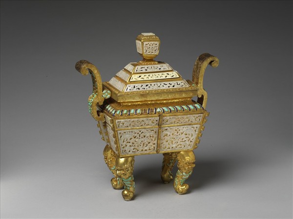 銅鍍金嵌白玉、綠松石及料片五供-香爐