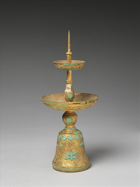 銅鍍金嵌綠松石燭台（五供）