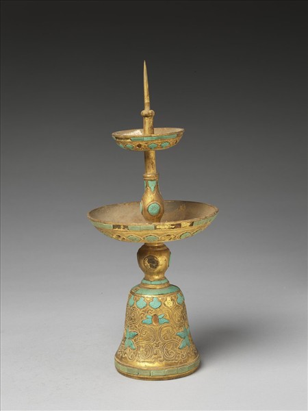 銅鍍金嵌綠松石燭台（五供）