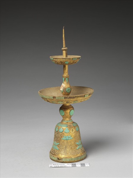 銅鍍金嵌綠松石燭台（五供）