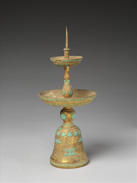 銅鍍金嵌綠松石燭台（五供）