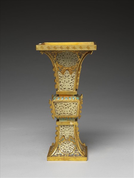 銅鍍金嵌透雕玉及填料觚（五供）