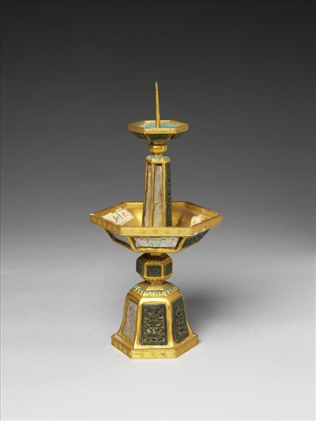 銅鍍金嵌玉及填料燭台(五供)