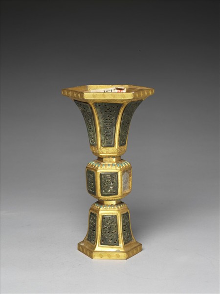 銅鍍金嵌玉及填料觚(五供)