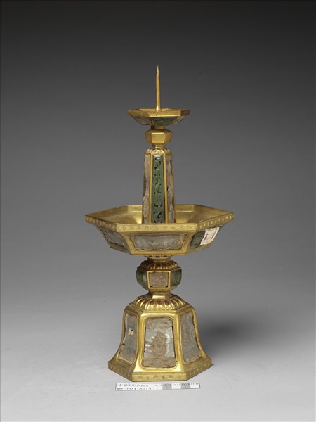 銅鍍金嵌玉及填料燭台（五供）