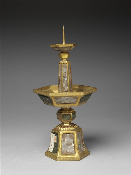 銅鍍金嵌玉及填料燭台（五供）