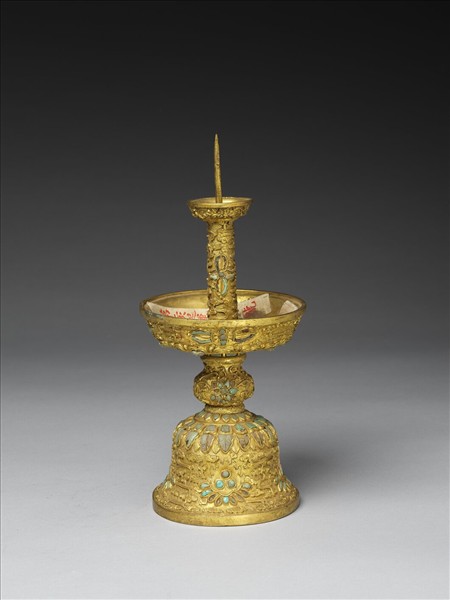 銅鍍金嵌綠松石燭台（五供）