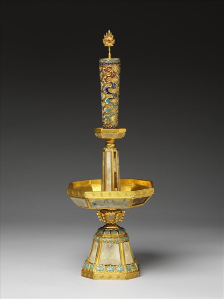 銅鍍金嵌料及填琺瑯燭台（五供）