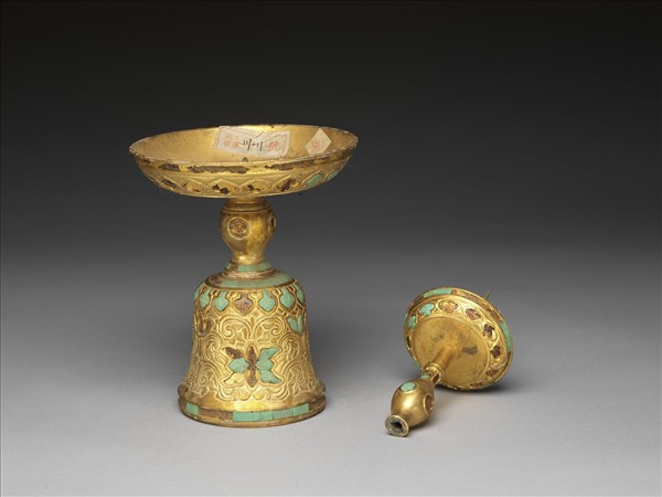 銅鍍金嵌綠松石燭台（五供）