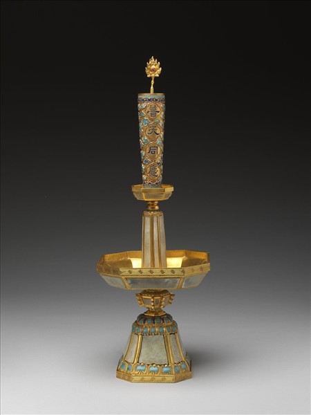 銅鍍金嵌料及填琺瑯燭台（五供）