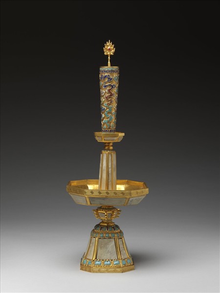 銅鍍金嵌料及填琺瑯燭台（五供）