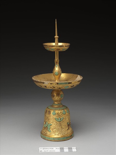 銅鍍金嵌綠松石燭台（五供）