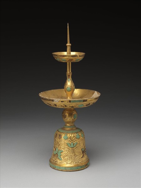 銅鍍金嵌綠松石燭台（五供）