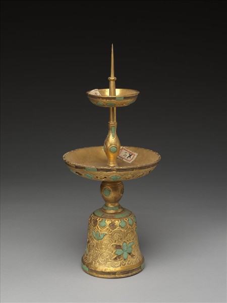 銅鍍金嵌綠松石燭台（五供）