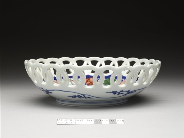 日本 有田窯 青花五彩鳳凰紋鏤空盤