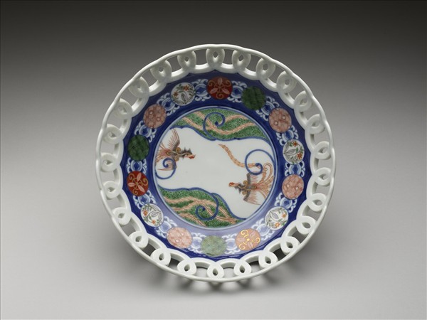 日本 有田窯 青花五彩鳳凰紋鏤空盤