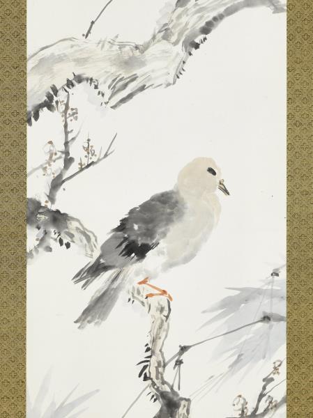 日本松林桂月梅花竹鳩　軸