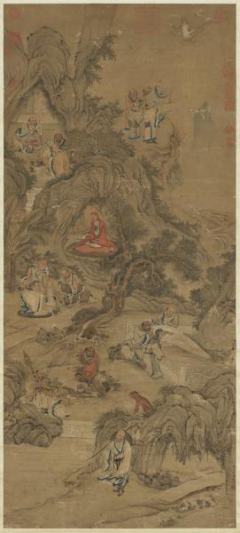 明李麟畫十八應真像　軸