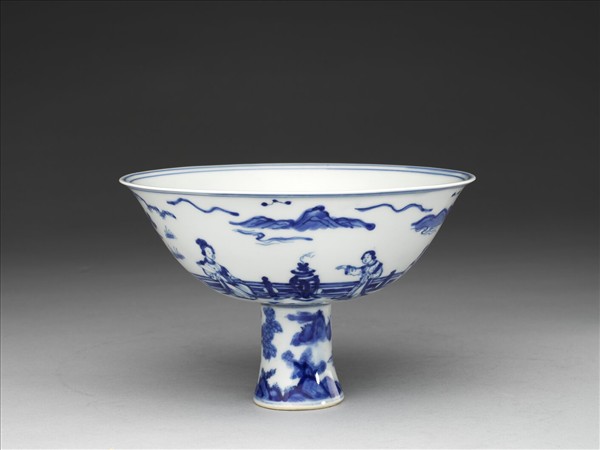 青花仕女圖高足碗