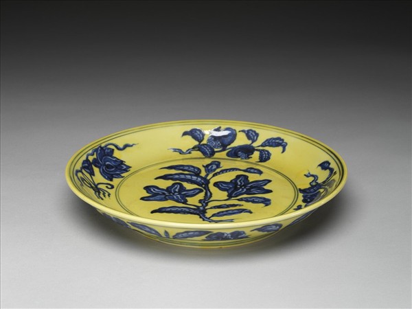 黃釉青花花果盤