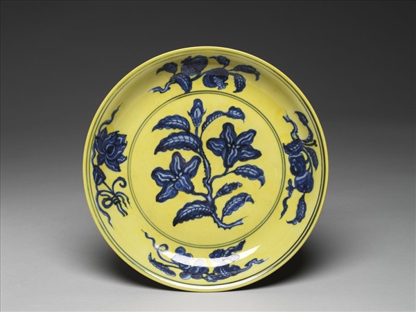 黃釉青花花果盤