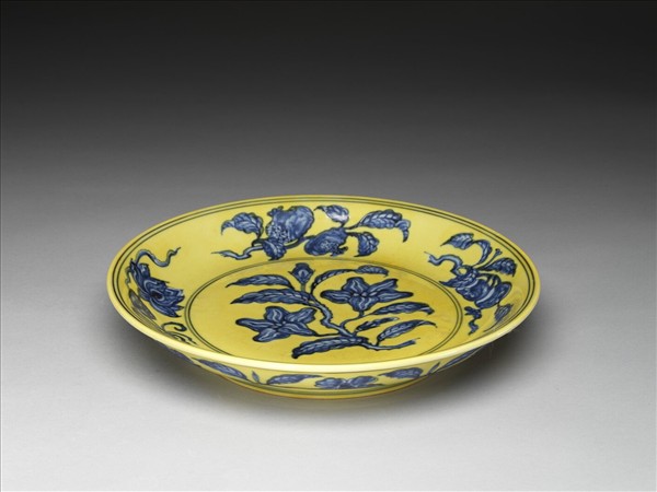 黃釉青花花果盤