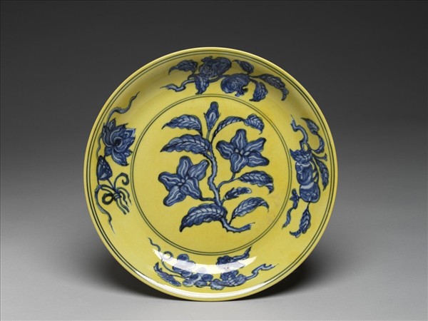 黃釉青花花果盤