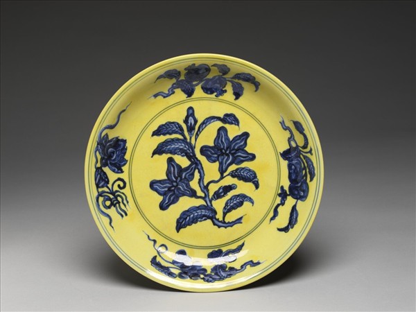 黃釉青花花果盤