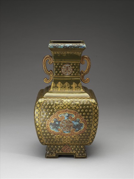 古銅釉描金壽字方壺