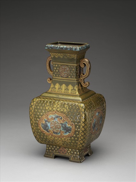 古銅釉描金壽字方壺