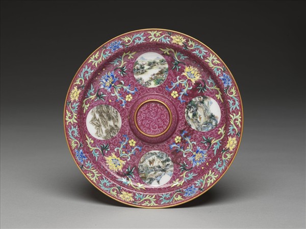 紅地琺瑯彩開光山水托盤